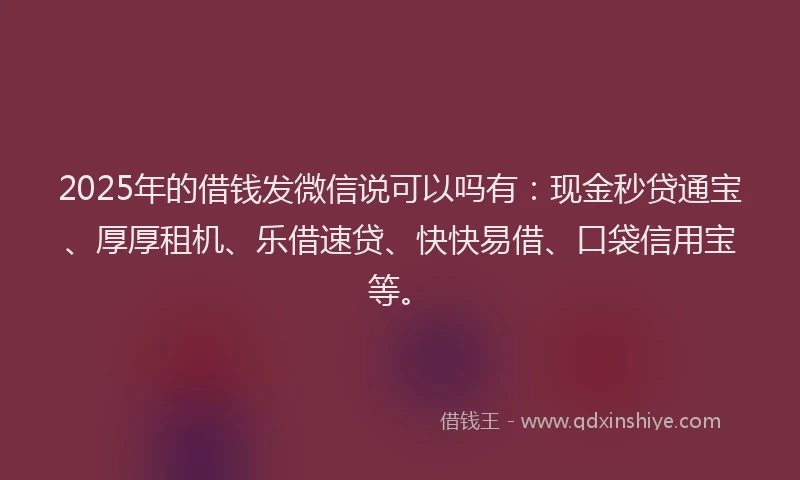 2025年的借钱发微信说可以吗有：现金秒贷通宝、厚厚租机、乐借速贷、快快易借、口袋信用宝等。