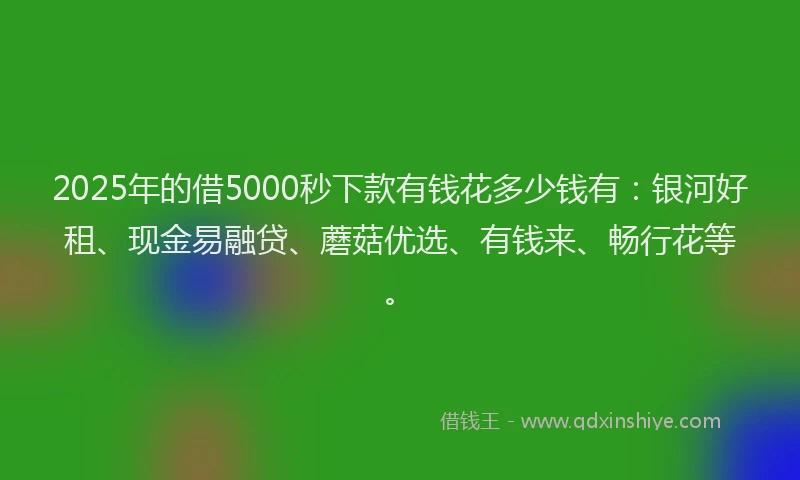 2025年的借5000秒下款有钱花多少钱有：银河好租、现金易融贷、蘑菇优选、有钱来、畅行花等。