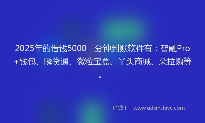 2025年的借钱5000一分钟到账软件有：智融Pro+钱包、瞬贷通、微粒宝盒、丫头商城、朵拉购等。
