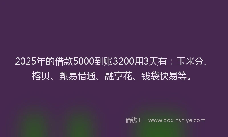 2025年的借款5000到账3200用3天有：玉米分、榕贝、甄易借通、融享花、钱袋快易等。