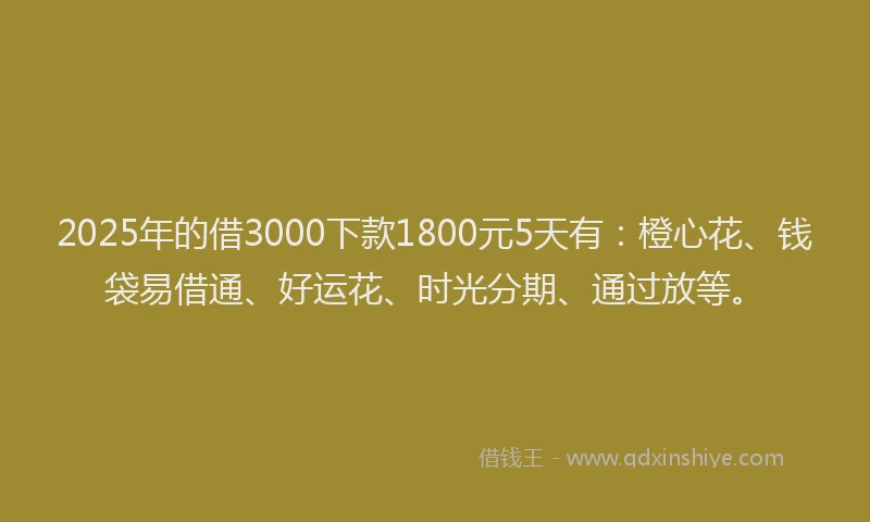 2025年的借3000下款1800元5天有：橙心花、钱袋易借通、好运花、时光分期、通过放等。