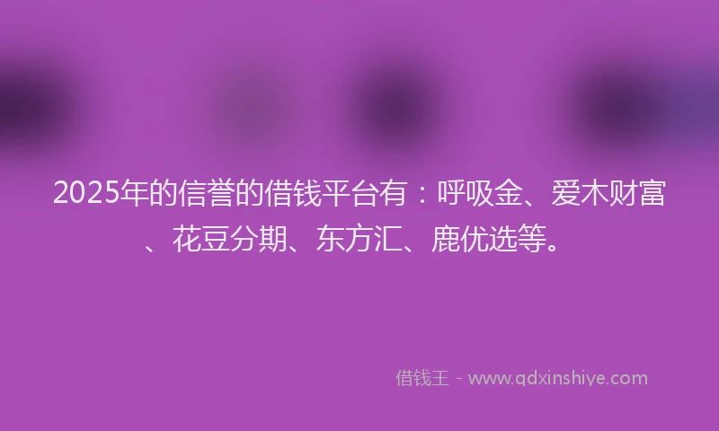 2025年的信誉的借钱平台有：呼吸金、爱木财富、花豆分期、东方汇、鹿优选等。