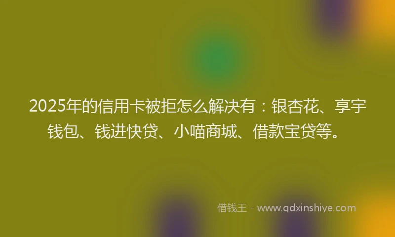 2025年的信用卡被拒怎么解决有：银杏花、享宇钱包、钱进快贷、小喵商城、借款宝贷等。