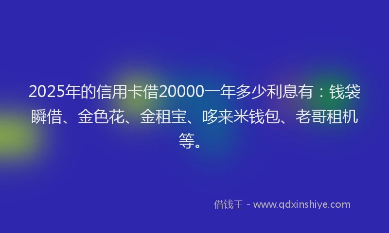 2025年的信用卡借20000一年多少利息有：钱袋瞬借、金色花、金租宝、哆来米钱包、老哥租机等。