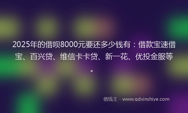 2025年的借呗8000元要还多少钱有：借款宝速借宝、百兴贷、维信卡卡贷、新一花、优投金服等。