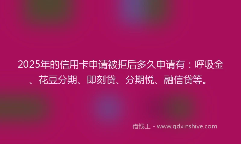 2025年的信用卡申请被拒后多久申请有：呼吸金、花豆分期、即刻贷、分期悦、融信贷等。
