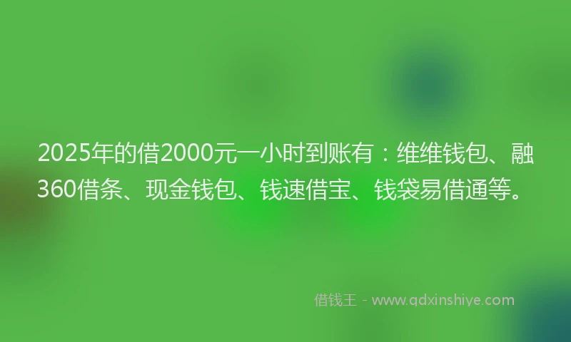 2025年的借2000元一小时到账有：维维钱包、融360借条、现金钱包、钱速借宝、钱袋易借通等。
