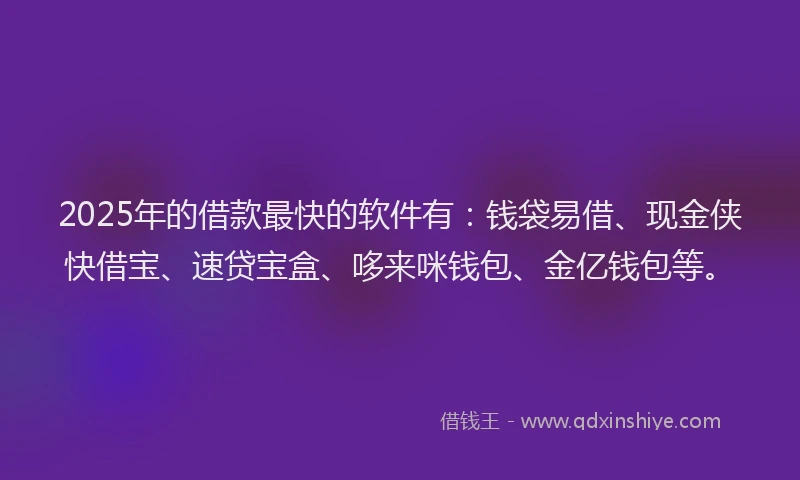2025年的借款最快的软件有：钱袋易借、现金侠快借宝、速贷宝盒、哆来咪钱包、金亿钱包等。