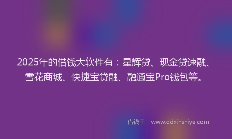 2025年的借钱大软件有：星辉贷、现金贷速融、雪花商城、快捷宝贷融、融通宝Pro钱包等。