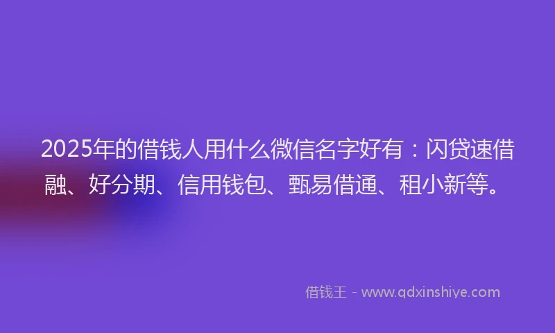 2025年的借钱人用什么微信名字好有:闪贷速借融、好分期、信用钱包、甄易借通、租小新等。