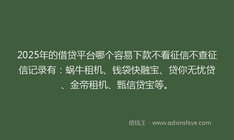 2025年的借贷平台哪个容易下款不看征信不查征信记录有:蜗牛租机、钱袋快融宝、贷你无忧贷、金帝租机、甄信贷宝等。