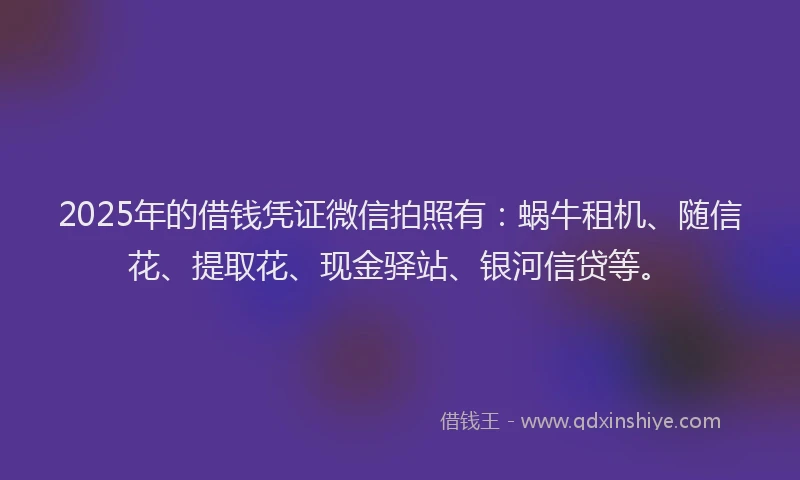 2025年的借钱凭证微信拍照有：蜗牛租机、随信花、提取花、现金驿站、银河信贷等。