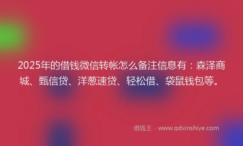 2025年的借钱微信转帐怎么备注信息有：森泽商城、甄信贷、洋葱速贷、轻松借、袋鼠钱包等。