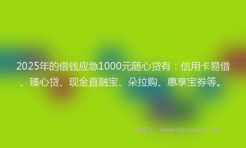 2025年的借钱应急1000元随心贷有：信用卡易借、臻心贷、现金直融宝、朵拉购、惠享宝券等。