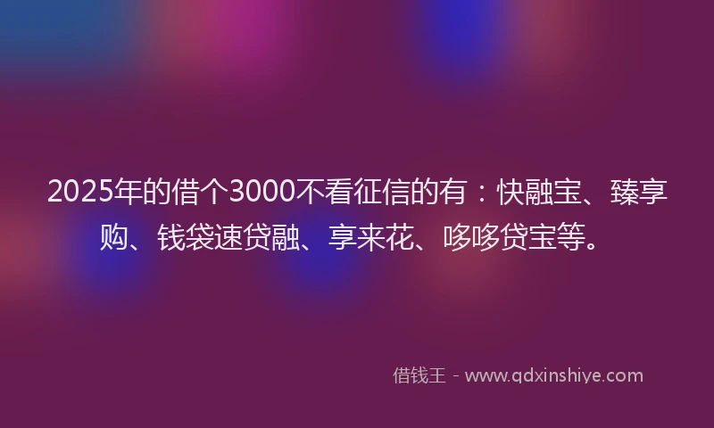 2025年的借个3000不看征信的有：快融宝、臻享购、钱袋速贷融、享来花、哆哆贷宝等。