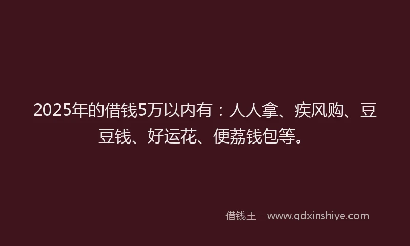 2025年的借钱5万以内有：人人拿、疾风购、豆豆钱、好运花、便荔钱包等。