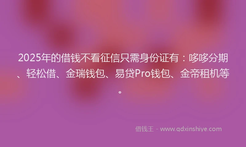 2025年的借钱不看征信只需身份证有：哆哆分期、轻松借、金瑞钱包、易贷Pro钱包、金帝租机等。