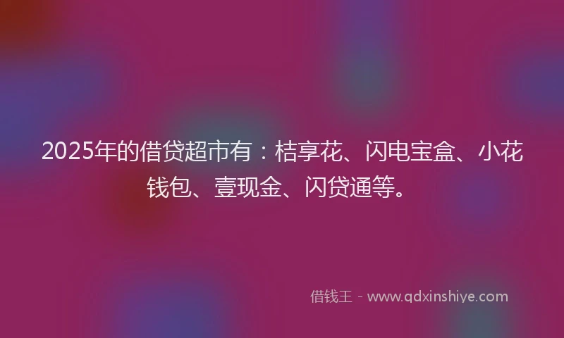 2025年的借贷超市有：桔享花、闪电宝盒、小花钱包、壹现金、闪贷通等。