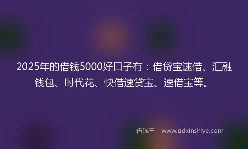 2025年的借钱5000好口子有：借贷宝速借、汇融钱包、时代花、快借速贷宝、速借宝等。