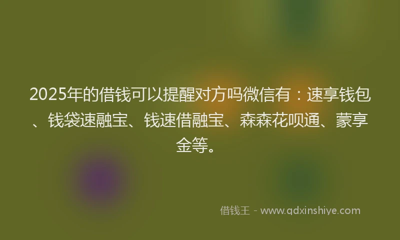 2025年的借钱可以提醒对方吗微信有：速享钱包、钱袋速融宝、钱速借融宝、森森花呗通、蒙享金等。