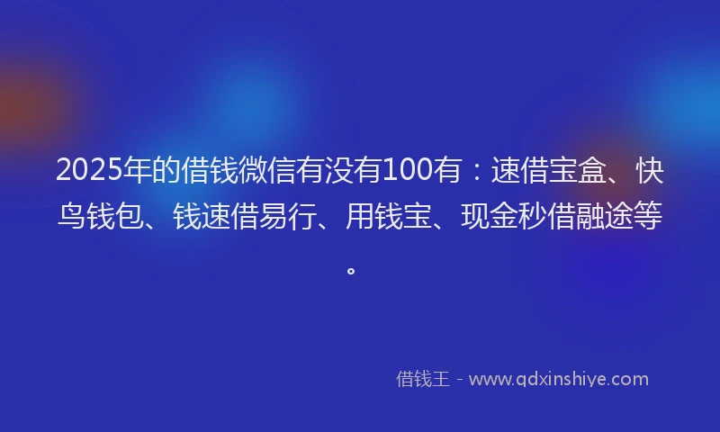 2025年的借钱微信有没有100有：速借宝盒、快鸟钱包、钱速借易行、用钱宝、现金秒借融途等。