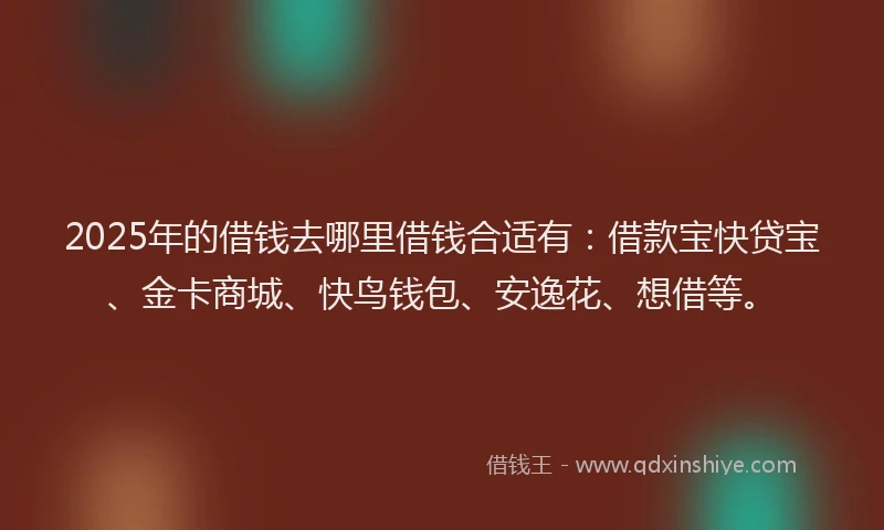 2025年的借钱去哪里借钱合适有：借款宝快贷宝、金卡商城、快鸟钱包、安逸花、想借等。