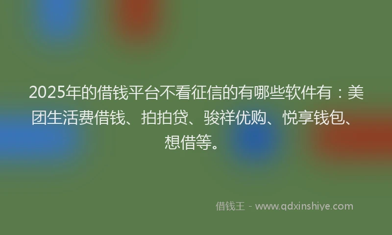 2025年的借钱平台不看征信的有哪些软件有：美团生活费借钱、拍拍贷、骏祥优购、悦享钱包、想借等。