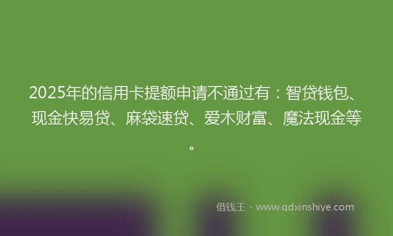 2025年的信用卡提额申请不通过有：智贷钱包、现金快易贷、麻袋速贷、爱木财富、魔法现金等。