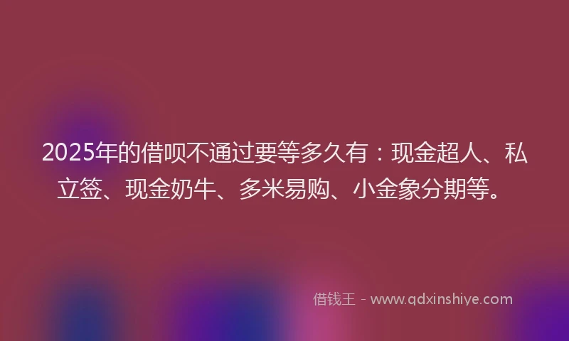 2025年的借呗不通过要等多久有：现金超人、私立签、现金奶牛、多米易购、小金象分期等。