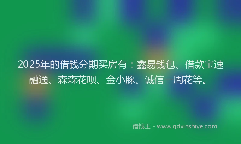 2025年的借钱分期买房有:鑫易钱包、借款宝速融通、森森花呗、金小豚、诚信一周花等。