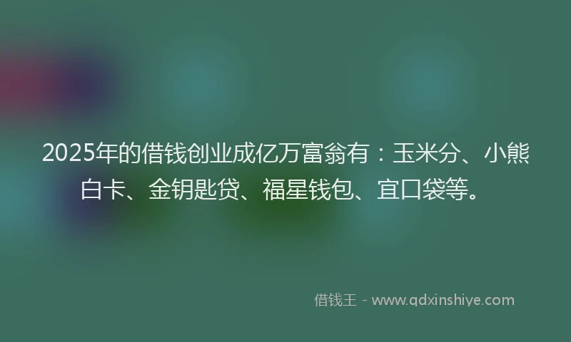 2025年的借钱创业成亿万富翁有：玉米分、小熊白卡、金钥匙贷、福星钱包、宜口袋等。