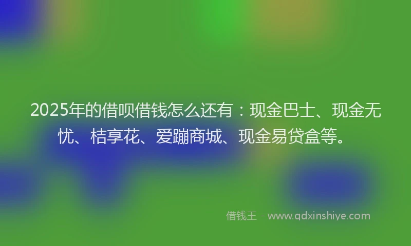 2025年的借呗借钱怎么还有：现金巴士、现金无忧、桔享花、爱蹦商城、现金易贷盒等。