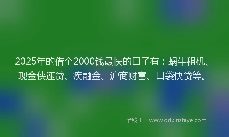 2025年的借个2000钱最快的口子有：蜗牛租机、现金侠速贷、疾融金、沪商财富、口袋快贷等。
