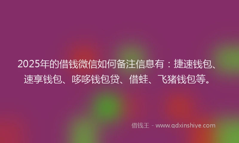 2025年的借钱微信如何备注信息有：捷速钱包、速享钱包、哆哆钱包贷、借蛙、飞猪钱包等。