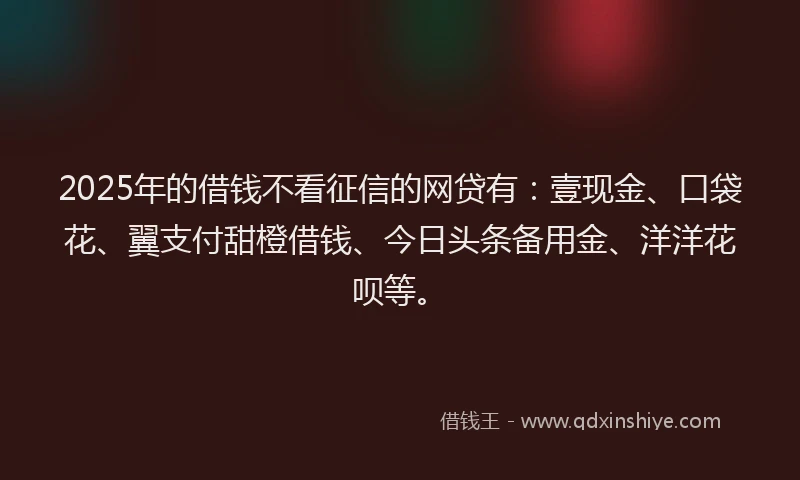 2025年的借钱不看征信的网贷有:壹现金、口袋花、翼支付甜橙借钱、今日头条备用金、洋洋花呗等。