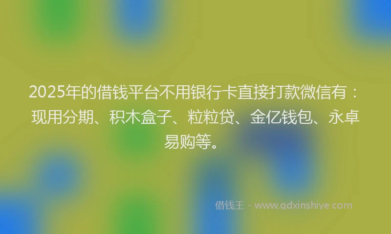 2025年的借钱平台不用银行卡直接打款微信有：现用分期、积木盒子、粒粒贷、金亿钱包、永卓易购等。