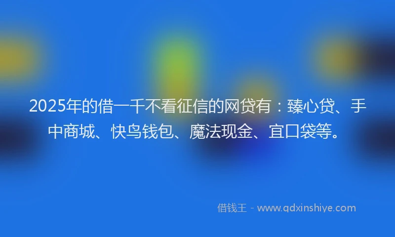 2025年的借一千不看征信的网贷有：臻心贷、手中商城、快鸟钱包、魔法现金、宜口袋等。