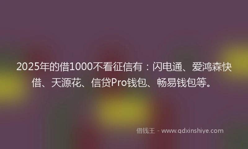 2025年的借1000不看征信有：闪电通、爱鸿森快借、天源花、信贷Pro钱包、畅易钱包等。