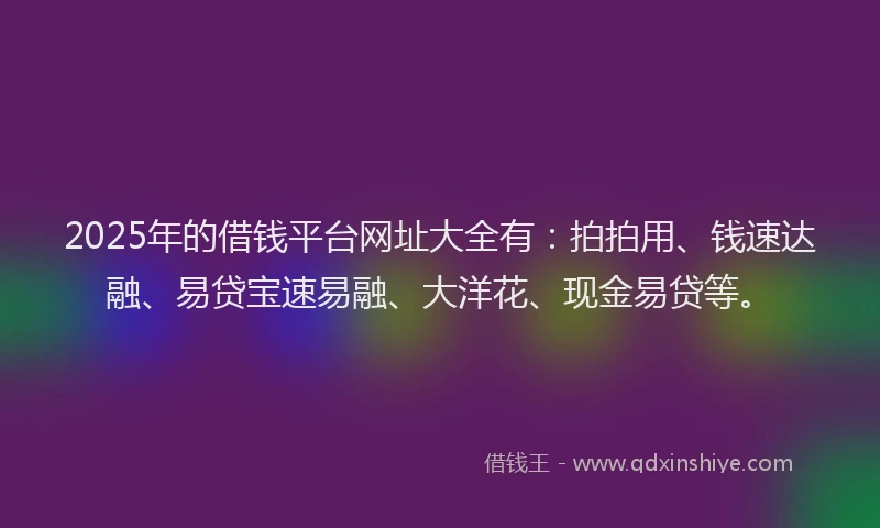 2025年的借钱平台网址大全有:拍拍用、钱速达融、易贷宝速易融、大洋花、现金易贷等。