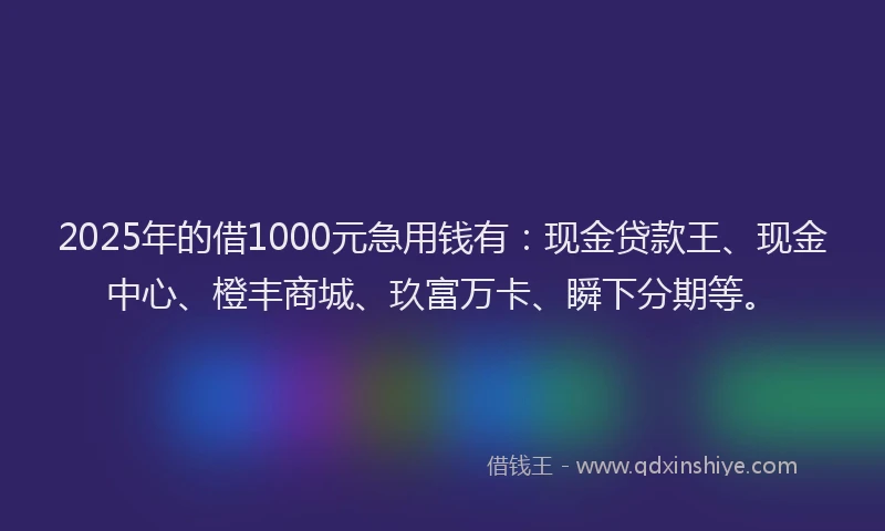2025年的借1000元急用钱有:现金贷款王、现金中心、橙丰商城、玖富万卡、瞬下分期等。