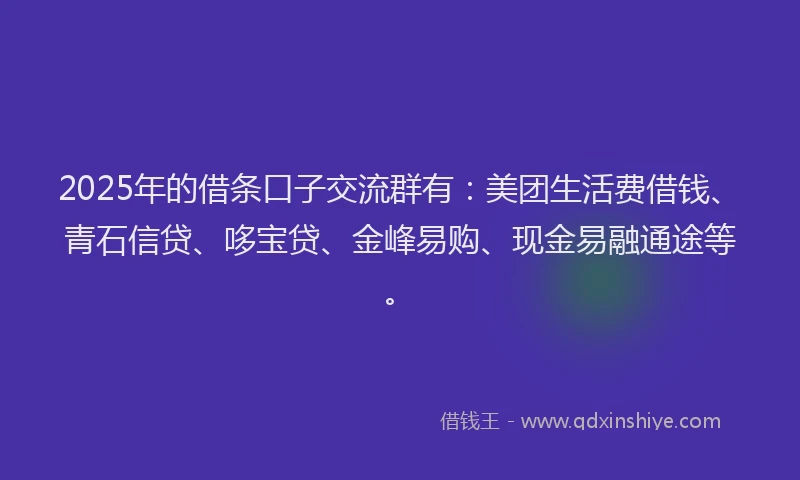 2025年的借条口子交流群有：美团生活费借钱、青石信贷、哆宝贷、金峰易购、现金易融通途等。