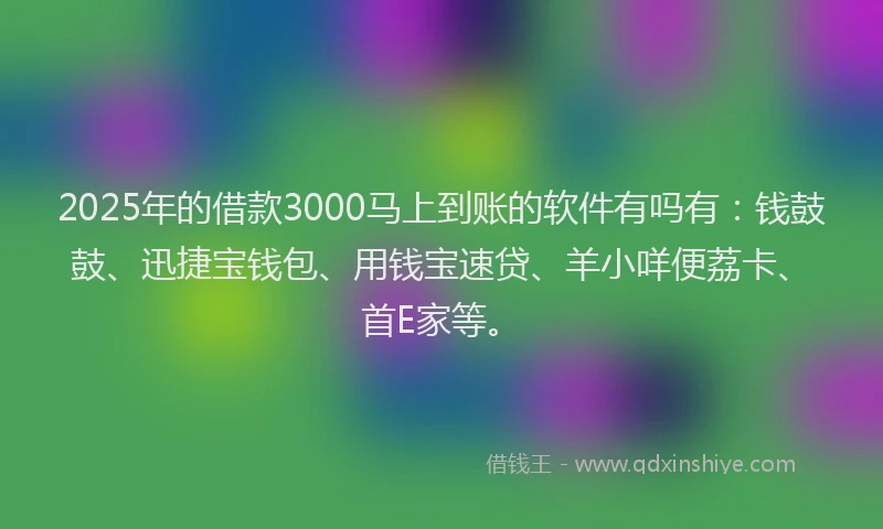2025年的借款3000马上到账的软件有吗有：钱鼓鼓、迅捷宝钱包、用钱宝速贷、羊小咩便荔卡、首E家等。