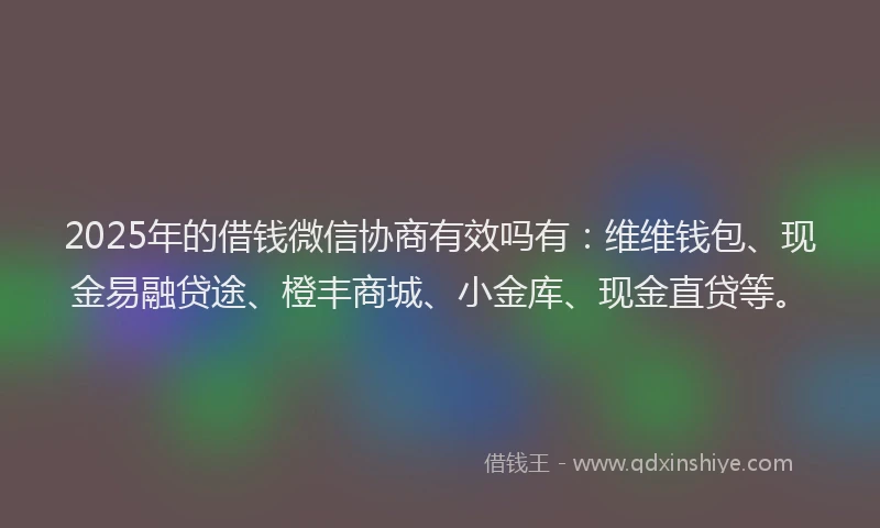 2025年的借钱微信协商有效吗有：维维钱包、现金易融贷途、橙丰商城、小金库、现金直贷等。