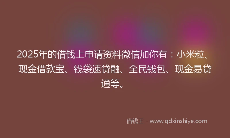 2025年的借钱上申请资料微信加你有：小米粒、现金借款宝、钱袋速贷融、全民钱包、现金易贷通等。
