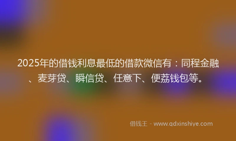2025年的借钱利息最低的借款微信有:同程金融、麦芽贷、瞬信贷、任意下、便荔钱包等。
