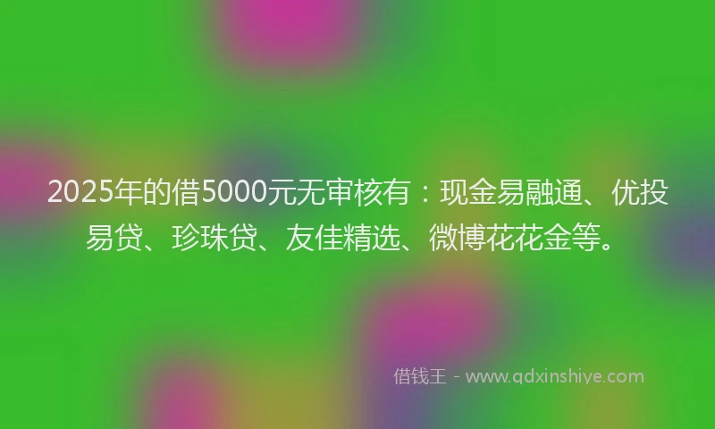 2025年的借5000元无审核有：现金易融通、优投易贷、珍珠贷、友佳精选、微博花花金等。