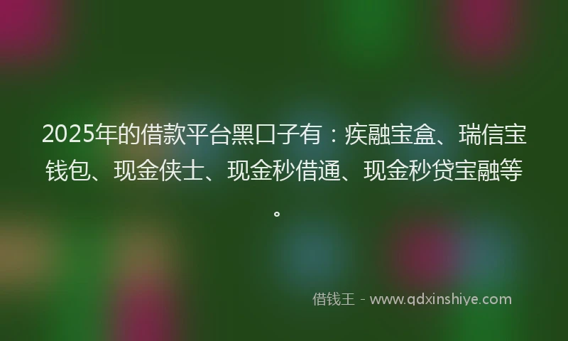 2025年的借款平台黑口子有：疾融宝盒、瑞信宝钱包、现金侠士、现金秒借通、现金秒贷宝融等。