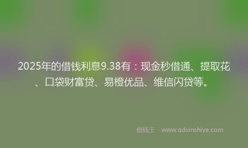 2025年的借钱利息9.38有：现金秒借通、提取花、口袋财富贷、易橙优品、维信闪贷等。