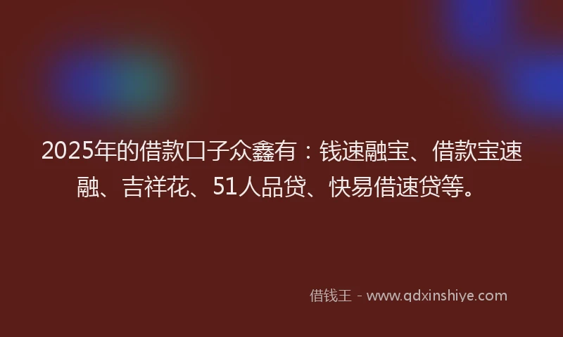 2025年的借款口子众鑫有：钱速融宝、借款宝速融、吉祥花、51人品贷、快易借速贷等。