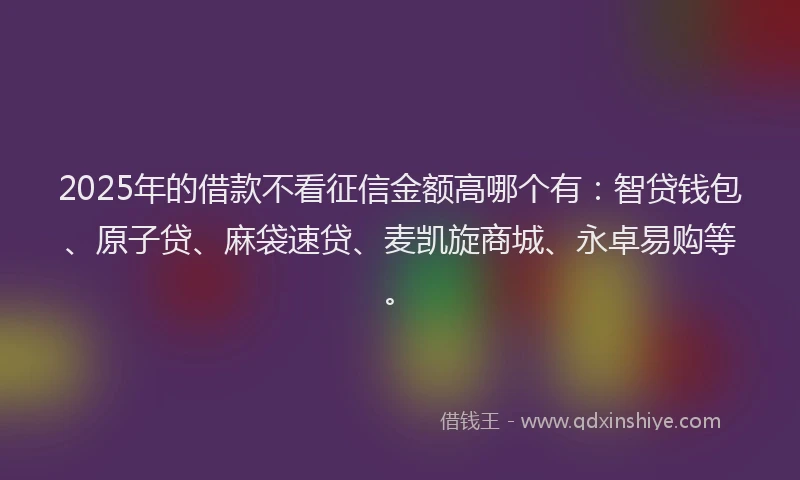 2025年的借款不看征信金额高哪个有：智贷钱包、原子贷、麻袋速贷、麦凯旋商城、永卓易购等。